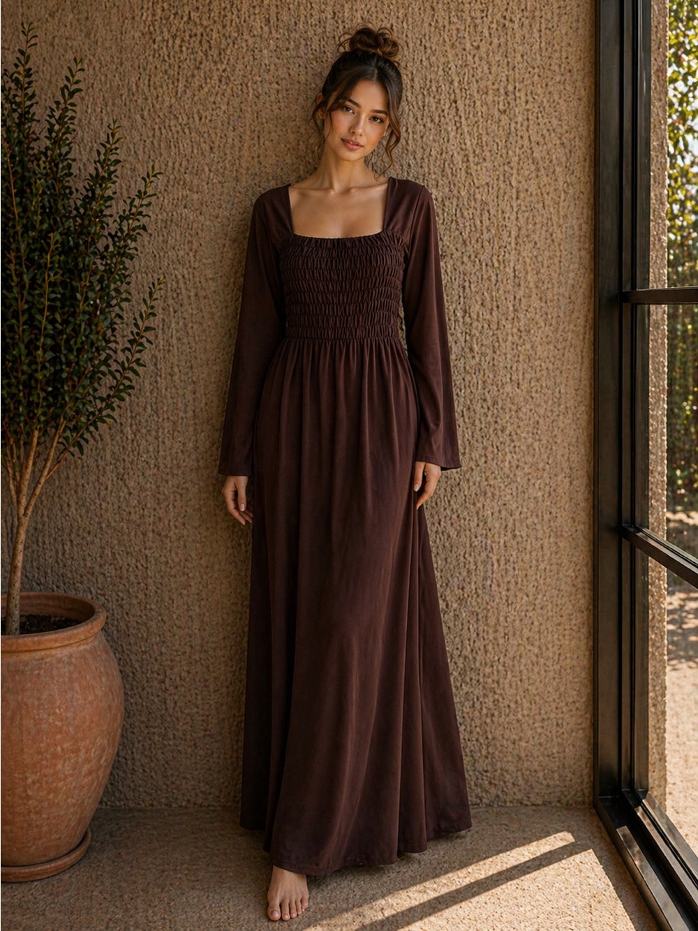Brown Long Sleeve Maxi Dress